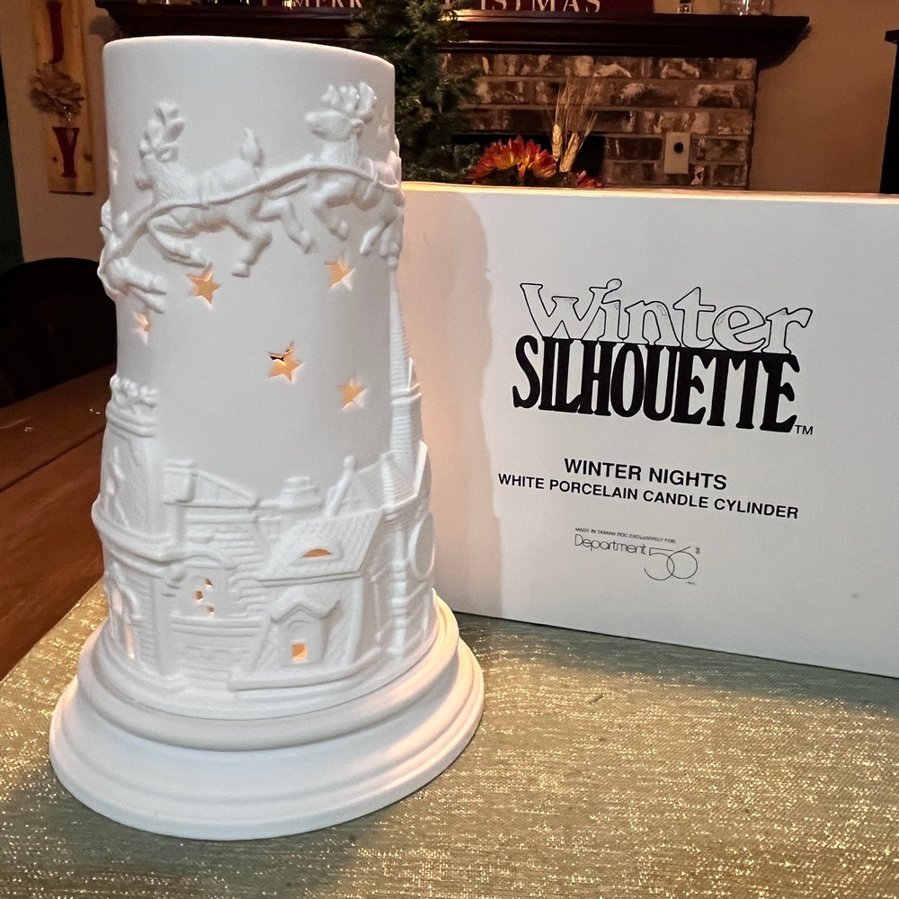Dept 56 Winter Silhouette White Porcelain Candle Cylinder Winter Nights